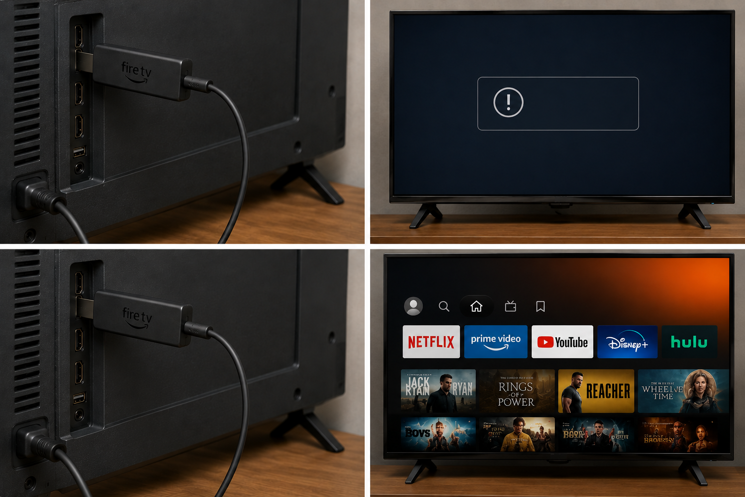 صورة لجهاز Fire TV Stick يتم اختباره على تلفزيون ثانٍ لمعرفة ما إذا كانت مشكلة لا توجد إشارة تتبع الجهاز.
