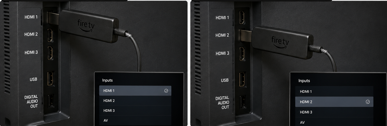 جهاز Fire TV Stick يتم نقله من منفذ HDMI تلفزيون إلى منفذ آخر للاختبار.