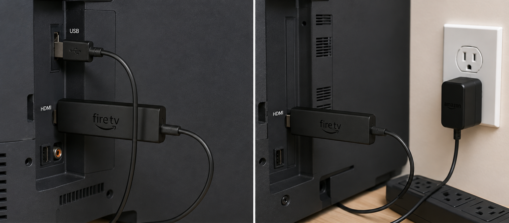 كابل طاقة Fire TV Stick يتم نقله من منفذ USB في التلفزيون إلى محول الطاقة الجداري المرفق.
