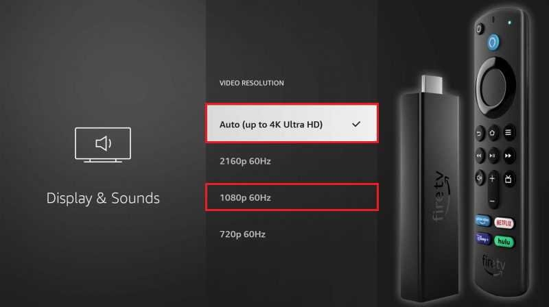 إعدادات عرض Fire TV تظهر قائمة Video Resolution مع خياري Auto و 1080p.