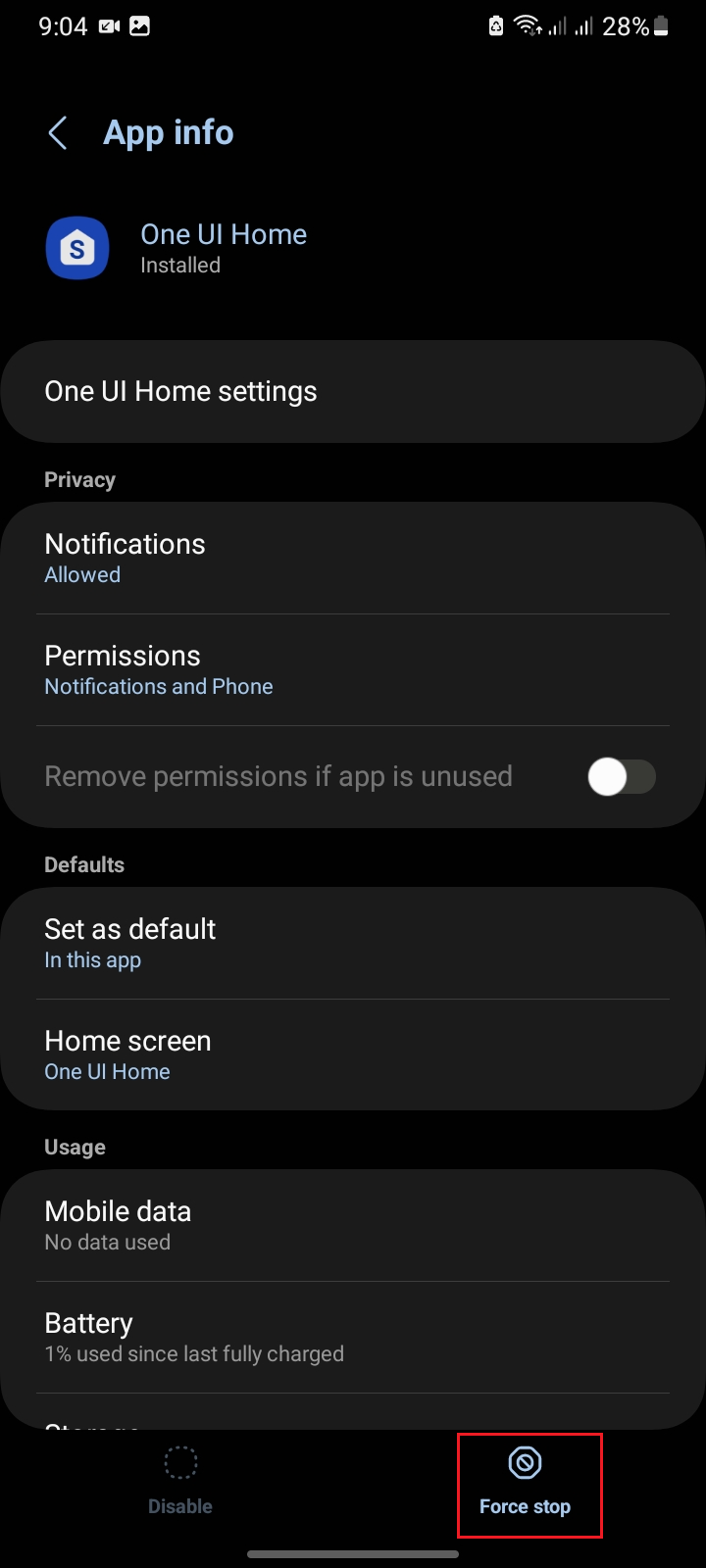 شاشة معلومات تطبيق Android لإيقاف تطبيق الـ launcher الحالي قسرًا أثناء استكشاف مشكلة أيقونات الشاشة الرئيسية المفقودة.