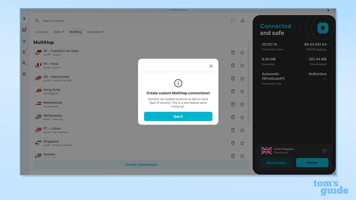 علامة تبويب MultiHop في تطبيق Surfshark على Windows. أمام قائمة بخوادم MultiHop الخاصة به، تظهر نافذة منبثقة تقول: "أنشئ اتصالات MultiHop مخصصة! اتصل عبر مواقع متعددة لإضافة طبقة إضافية من الأمان. هذه ميزة جديدة نقوم بتجربتها."