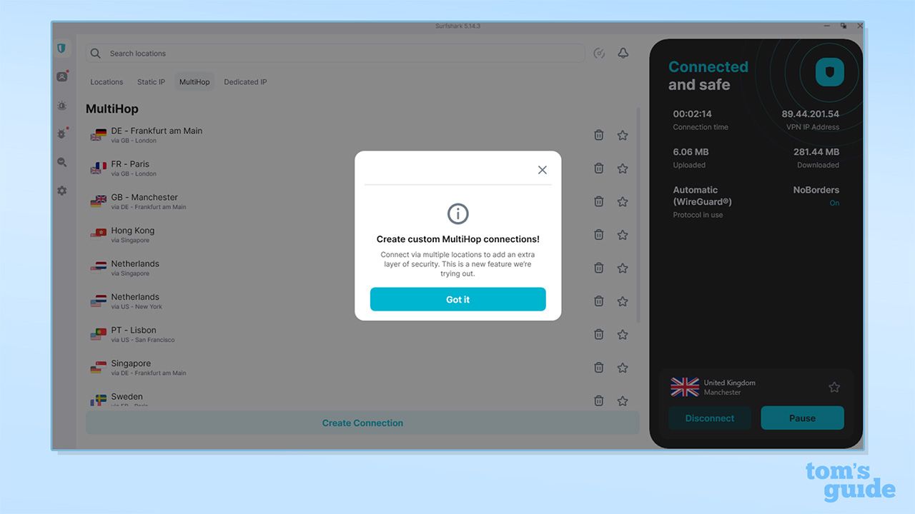علامة تبويب MultiHop في تطبيق Surfshark على Windows. أمام قائمة بخوادم MultiHop الخاصة به، تظهر نافذة منبثقة تقول: "أنشئ اتصالات MultiHop مخصصة! اتصل عبر مواقع متعددة لإضافة طبقة إضافية من الأمان. هذه ميزة جديدة نقوم بتجربتها."