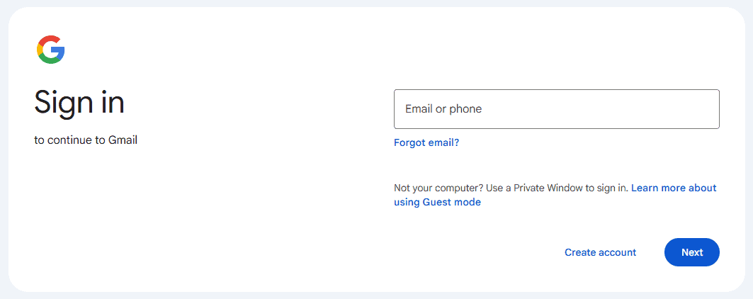 صورة توضح شاشة تسجيل الدخول إلى Gmail