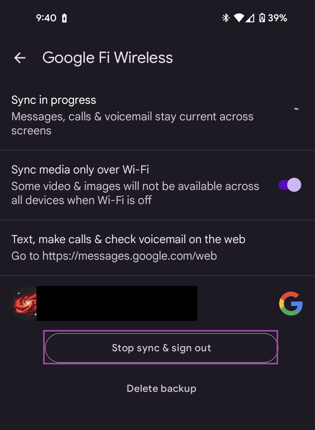 إعدادات Google Messages المتقدمة التي تعرض إعدادات Google Fi وخيار "Stop sync and sign out" أثناء إصلاح RCS.