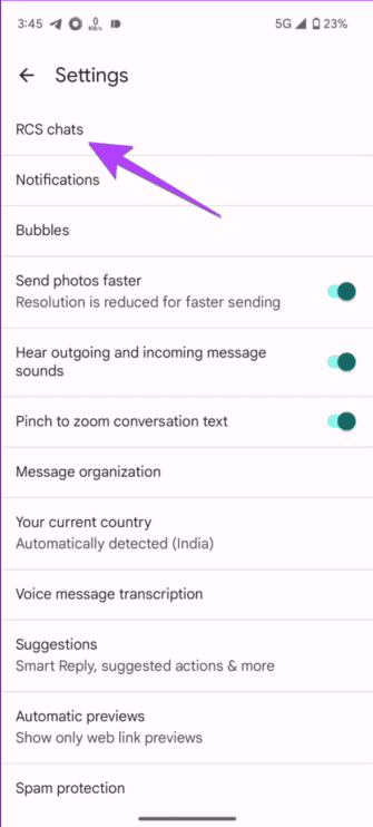 شاشة إعدادات محادثات RCS في Google Messages تعرض حالة الاتصال أو الدعم الحالية <a href=