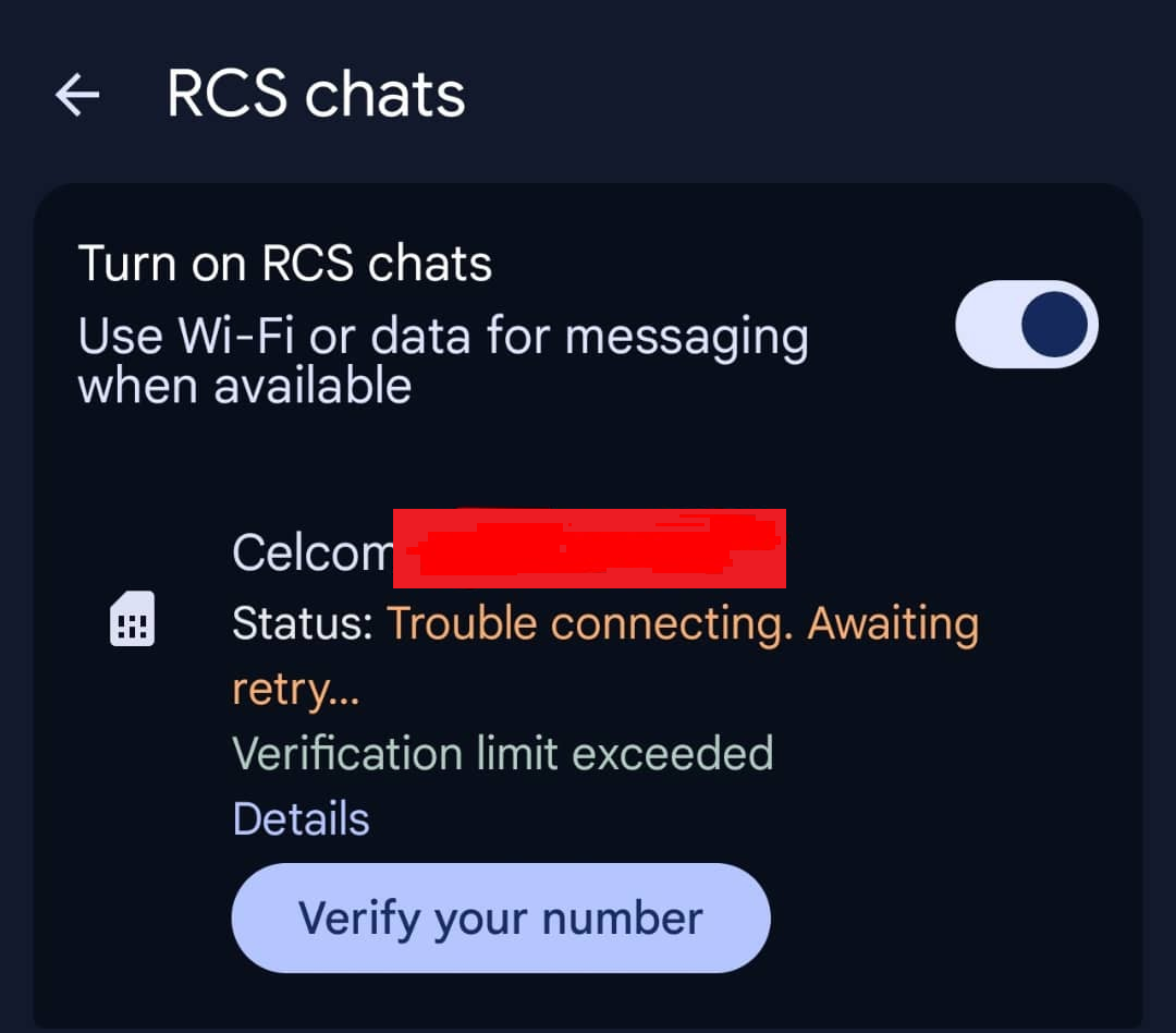 شاشة تفاصيل RCS في Google Messages تعرض خيار Submit feedback بعد استمرار مشكلة التحقق.