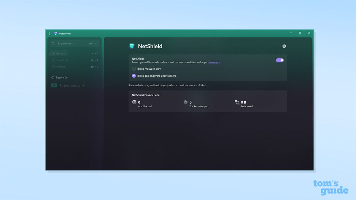 علامة تبويب NetShield في تطبيق Proton VPN على Windows.