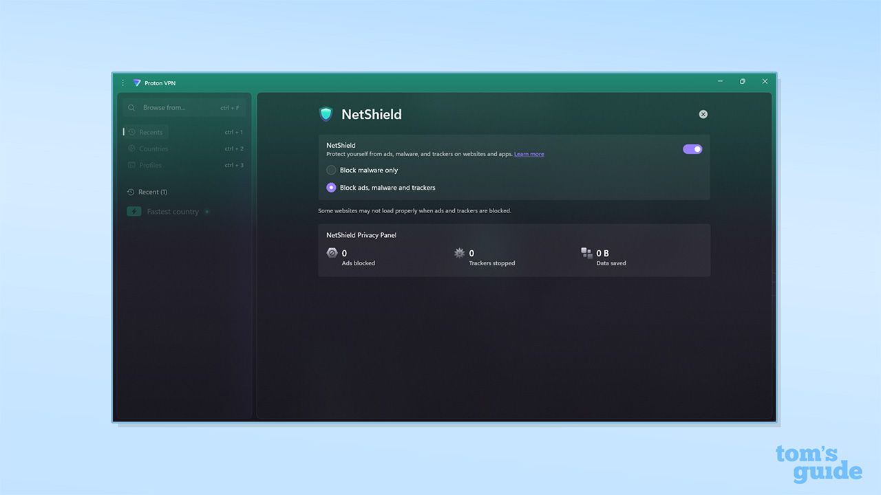 علامة تبويب NetShield في تطبيق Proton VPN على Windows.