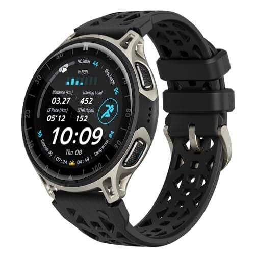 Amazfit Cheetah 2 Pro 48mm 智慧手錶配備 GPS，擁有 1.32 吋 AMOLED 顯示器、藍寶石水晶玻璃、鈦金屬錶殼、32GB 儲存空間、長達 20 天的電池續航時間、50 公尺（5 ATM）防水性能、手電筒、離線地圖以及適用於 Android 和 iPhone 的 170 多種運動模式。