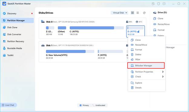 واجهة EaseUS Partition Master تعرض خيار BitLocker Manager