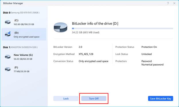 نافذة تأكيد إيقاف تشغيل BitLocker في EaseUS Partition Master