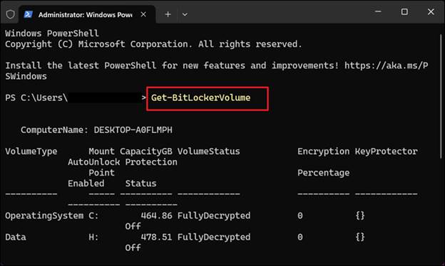 لقطة شاشة تعرض نتيجة الأمر Get-BitLockerVolume في PowerShell