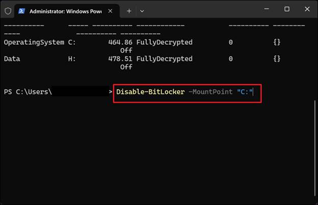 لقطة شاشة تعرض الأمر Disable-BitLocker -MountPoint “C:” في PowerShell