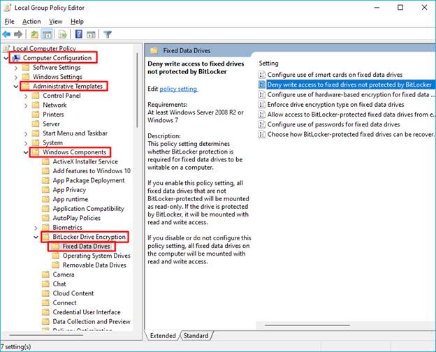 لقطة شاشة لمحرر نهج المجموعة المحلي تعرض مسار BitLocker Drive Encryption