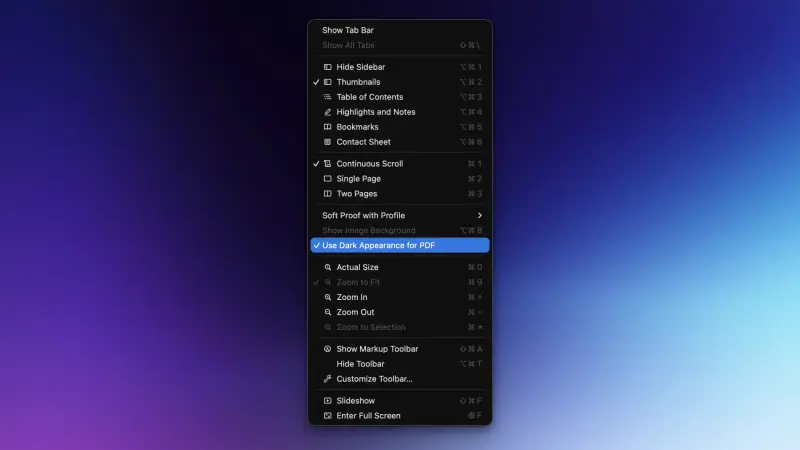 المظهر الداكن في تطبيق بريفيو على Mac.