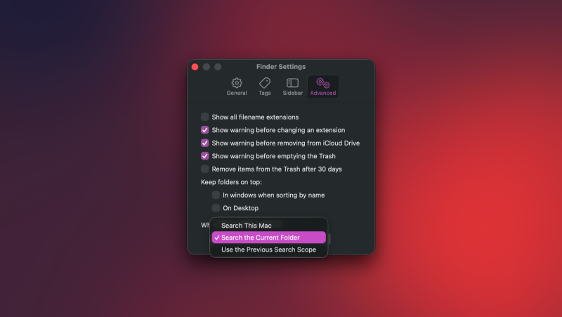 إعدادات Finder على Mac.