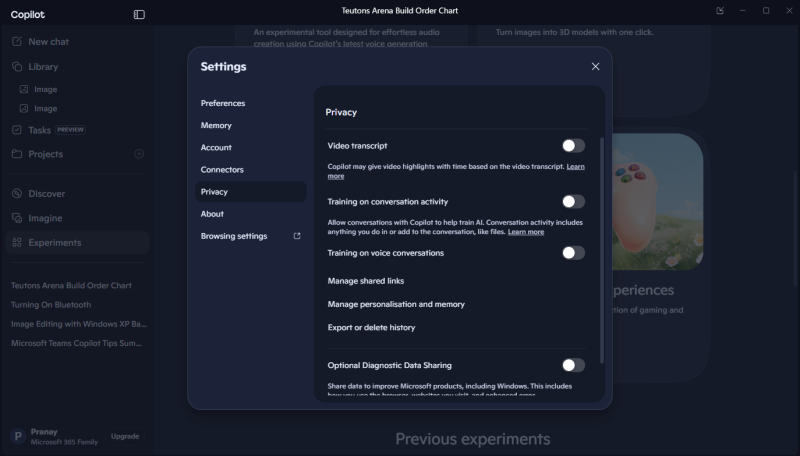 Impostazioni sulla privacy di Copilot.
