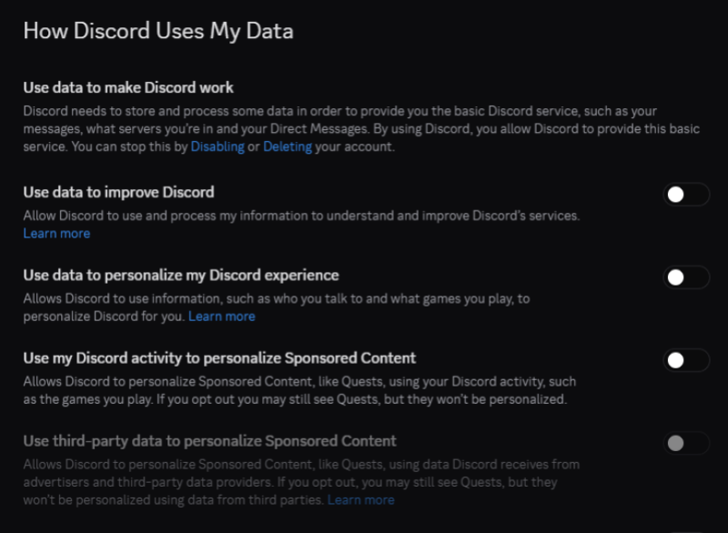 صفحة إعدادات "كيف يستخدم Discord بياناتي".