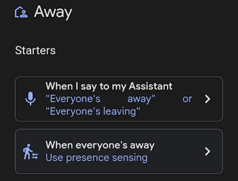 لقطة شاشة لروتين "Away" في تطبيق Google Home