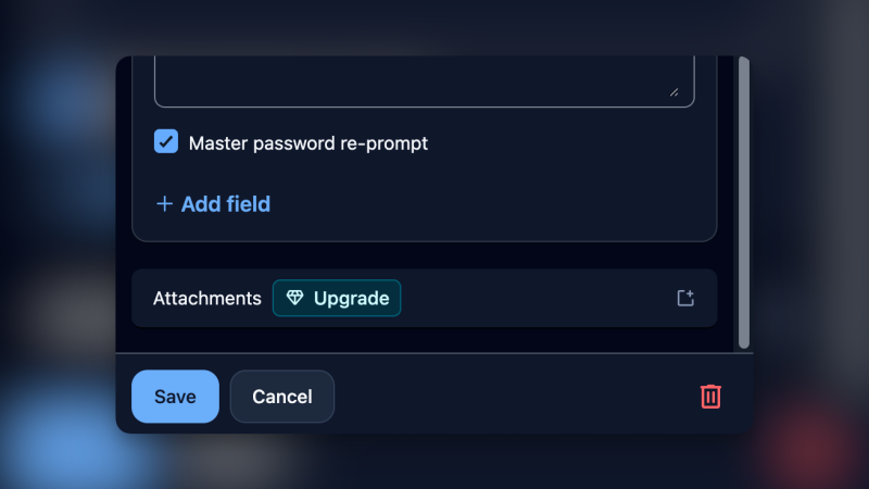 Richiesta nuova della password principale in Bitwarden.