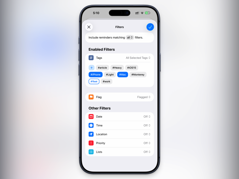القوائم الذكية في تطبيق Reminders.