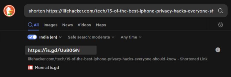 تقصير عناوين URL باستخدام DuckDuckGo.