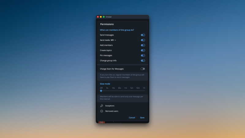 أذونات المجموعة في Telegram على Mac.