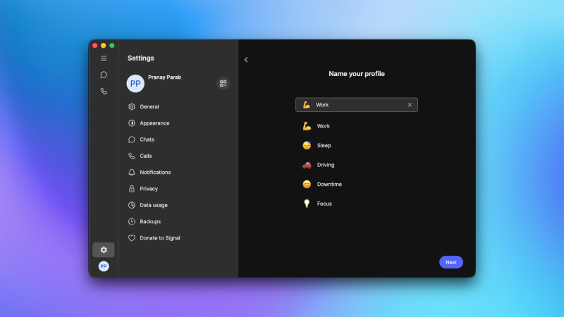 ملفات تعريف الإشعارات في Signal لنظام Mac.