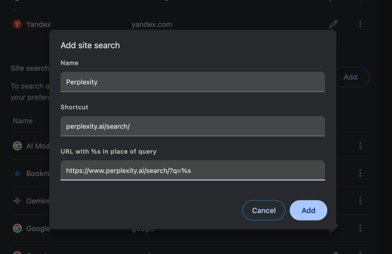 Aggiungi Perplexity come motore di ricerca a Chrome.