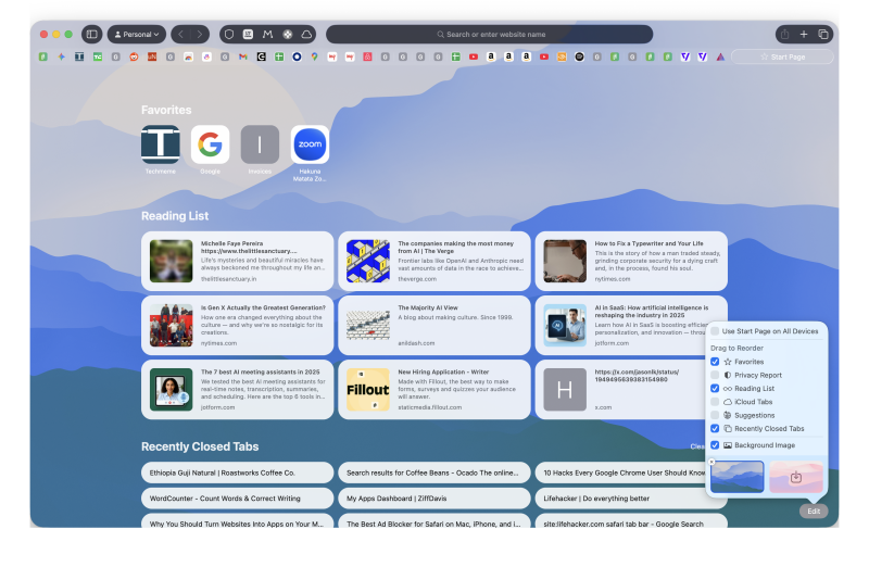 تخصيص صفحة البدء في Safari