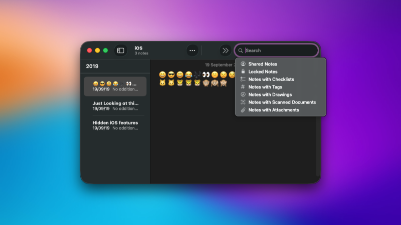 فلاتر البحث في Apple Notes على Mac.