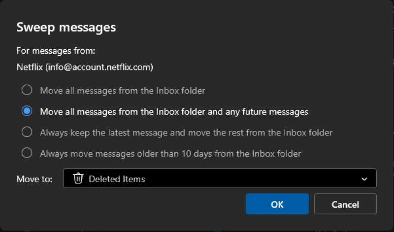 تشغيل ميزة Sweep في Outlook لتنظيم صندوق الوارد.