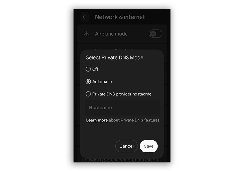 لقطة شاشة توضح مكان خيار DNS الخاص في لوحة إعدادات Android