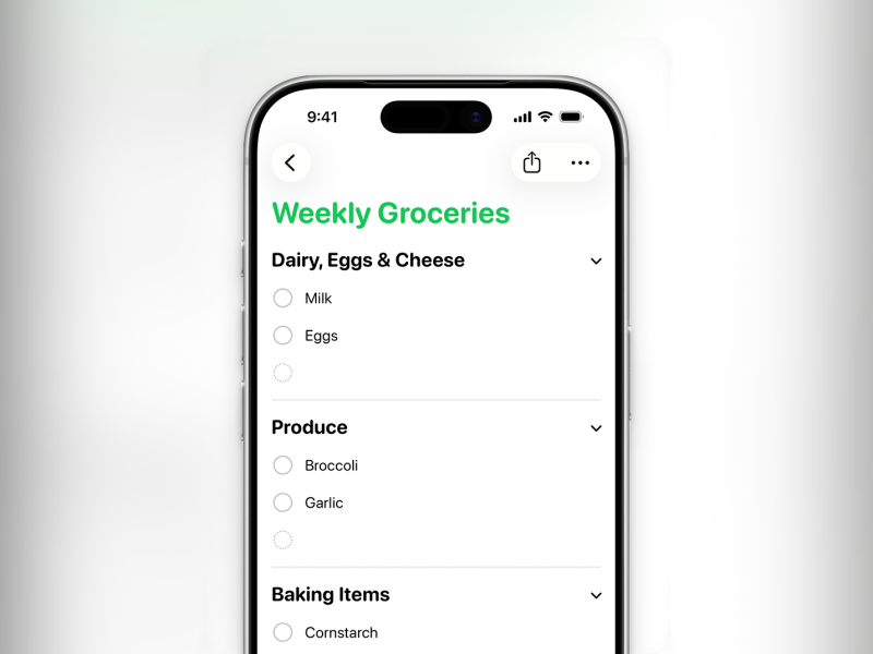 قائمة مشتريات البقالة ذات التصنيف التلقائي في Reminders.