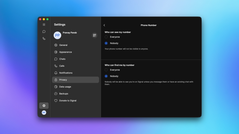 إخفاء رقم هاتفك في Signal على Mac.