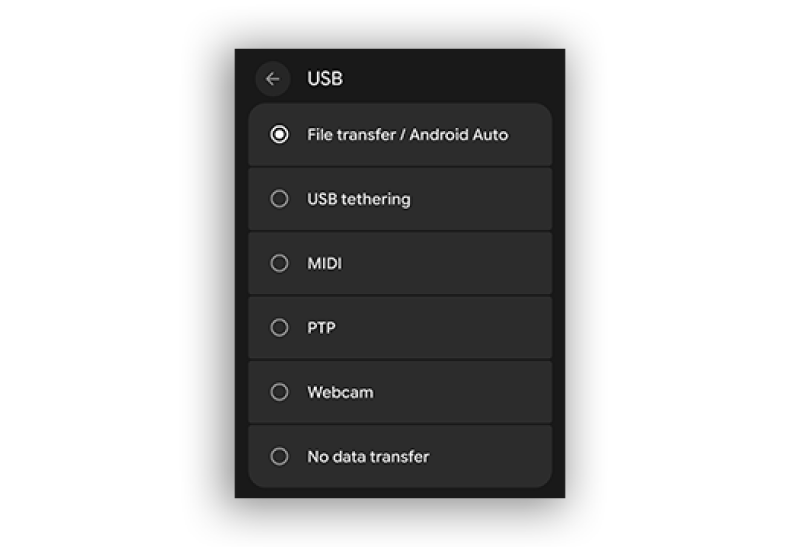 لقطة شاشة توضح كيفية تحديد سلوك USB الافتراضي