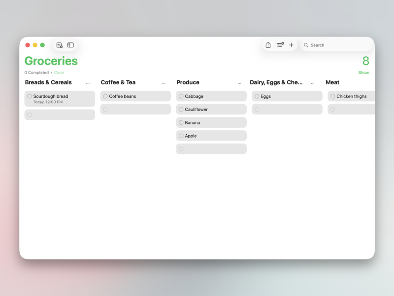 عرض Kanban في Reminders.