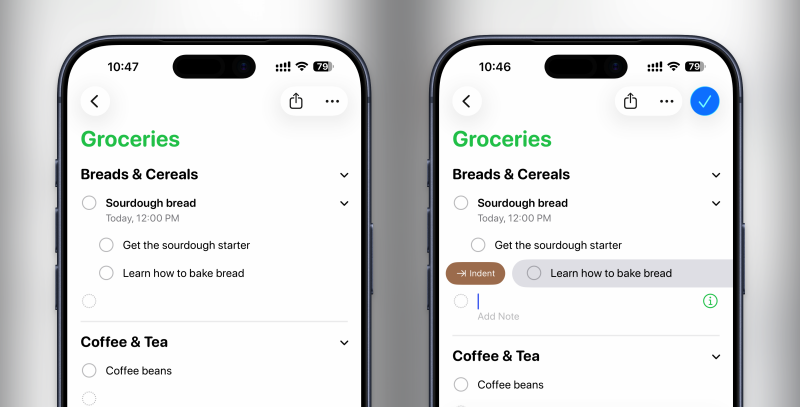 المهام الفرعية في تطبيق Reminders.