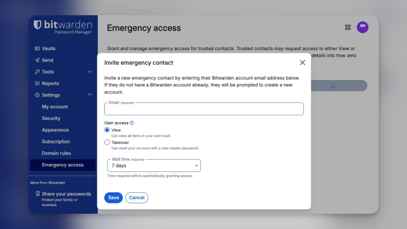La funzione di accesso di emergenza di Bitwarden.