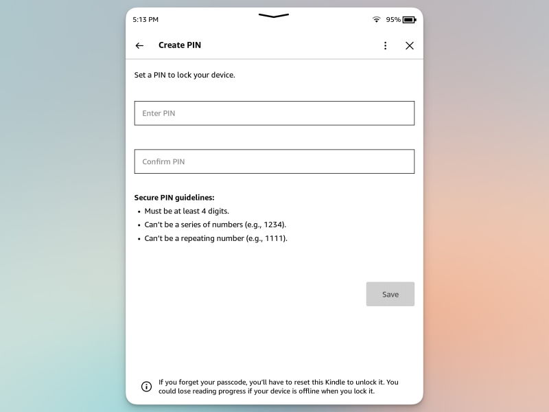 تعيين رمز PIN لجهاز Kindle.