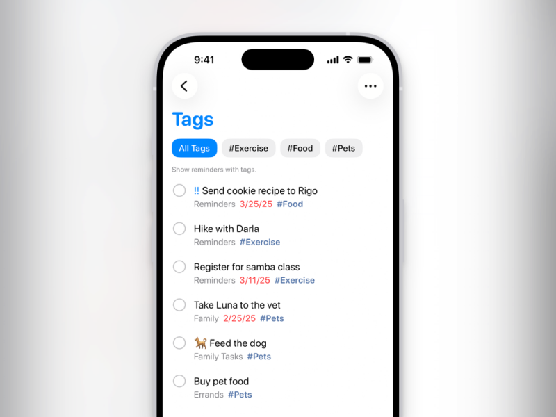 العلامات في تطبيق Reminders.