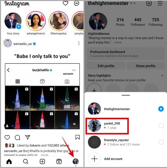 صورة لحسابي Instagram على نفس الهاتف تظهر سلوكًا مختلفًا لزر إنشاء المنشورات.