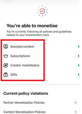 منطقة تحقيق الدخل في Instagram تعرض قائمة بالأدوات مثل الهدايا والمكافآت وسوق المبدعين والاشتراكات.