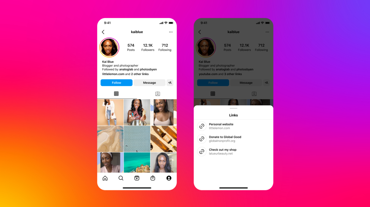 شاشة تحرير ملف Instagram الشخصي حيث يكون خيار الروابط المتعددة أو قسم الروابط مفقودًا أو غير واضح.