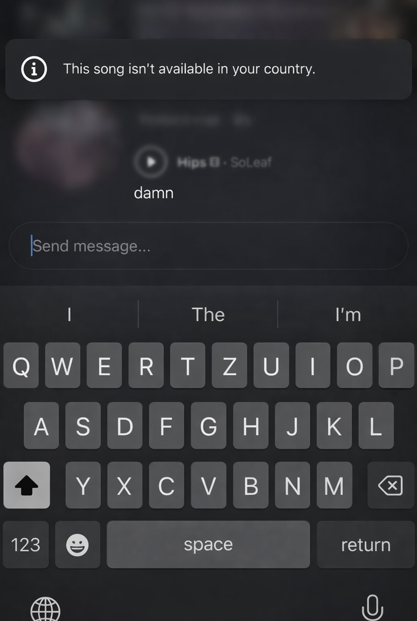 أداة اختيار الموسيقى أو profile-song في Instagram تعرض رسالة تفيد بعدم توفر الأغنية أو سلوك مكتبة مقيدة بالمنطقة.