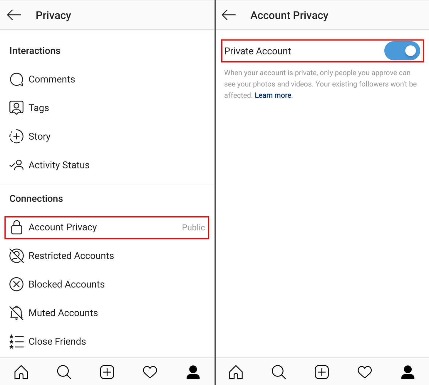 إعدادات خصوصية حساب Instagram توضح أن الحساب يجب أن يكون عامًا قبل اختبار جدولة الريلز.