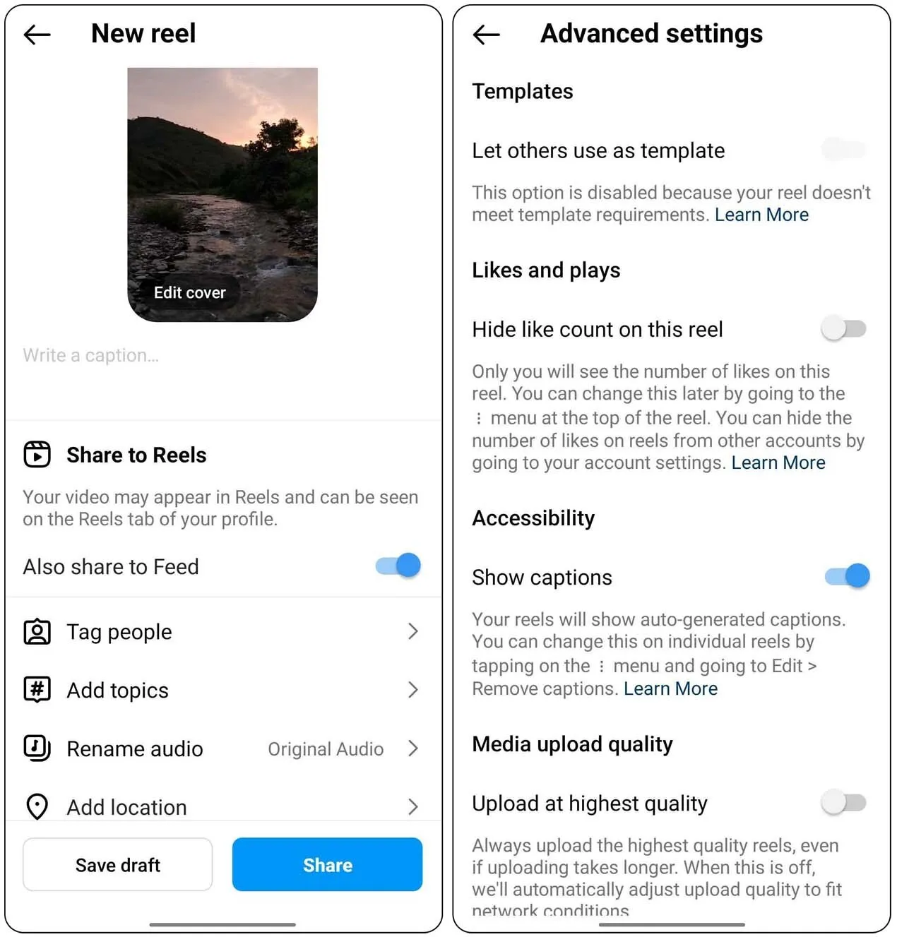 شاشة المشاركة النهائية لـ Instagram Reel مع خيار More options حيث يجب أن يظهر التحكم في الجدولة.