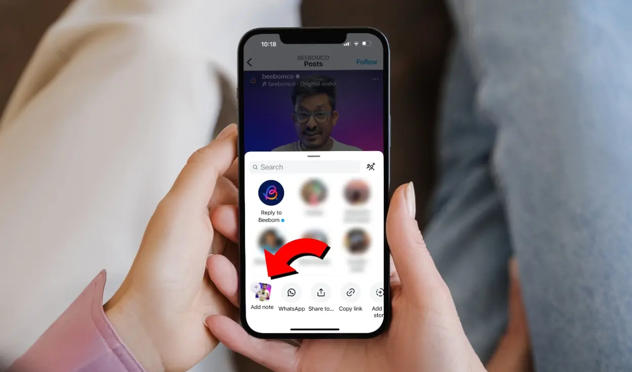 ورقة مشاركة Instagram Reel حيث يتوقع المستخدم خيار Add note ولكنه يرى فقط إجراءات المشاركة المتبقية.