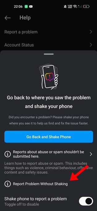 شاشة المساعدة والإبلاغ عن مشكلة في Instagram تُستخدم للإبلاغ عن اختفاء خيار جدولة الريلز.